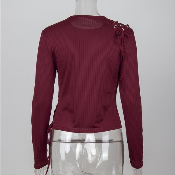 😘😘Sexy Wine Long Sleeve Lace Up Top - Picture 4 of 5